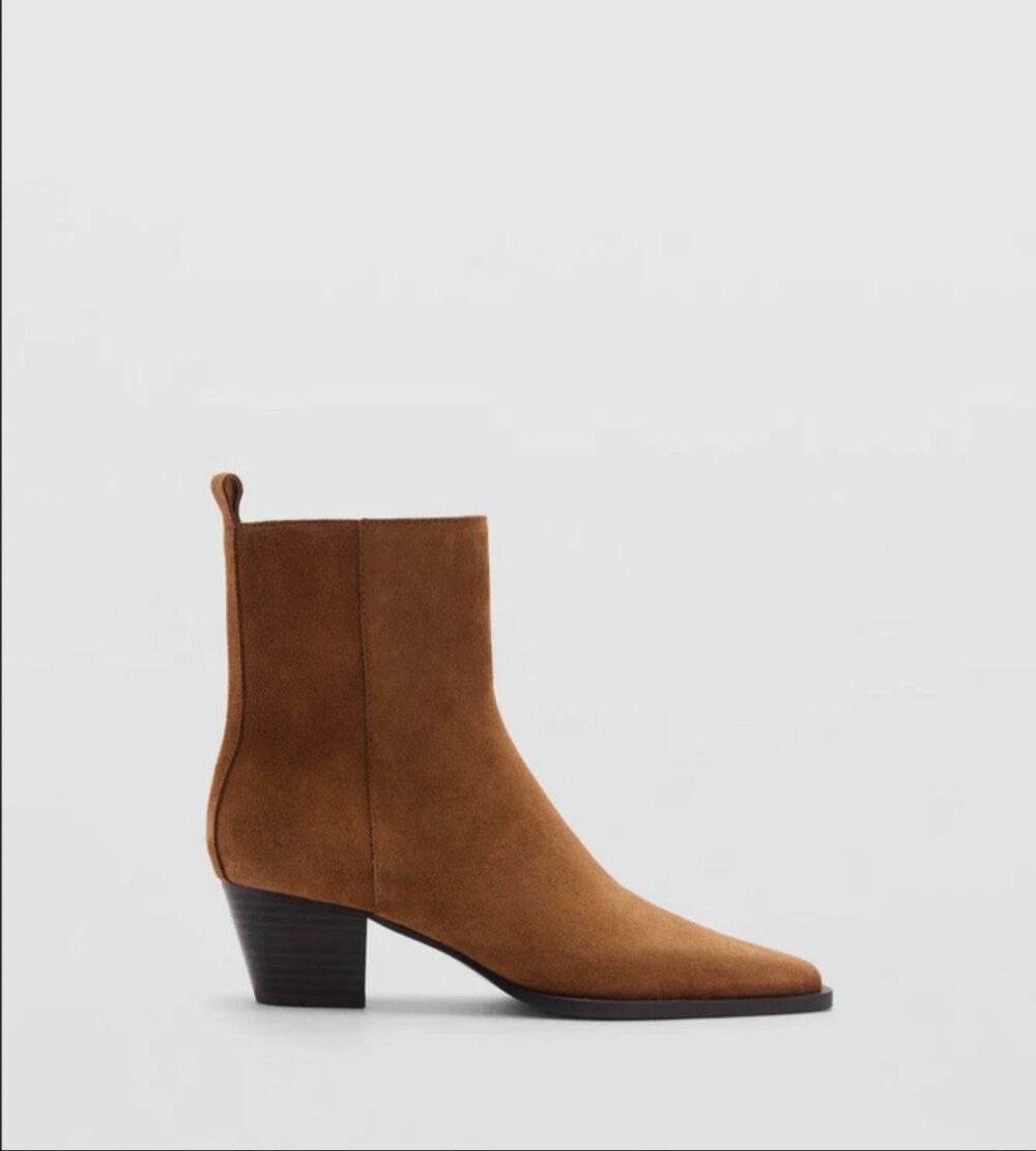 MNG Mango Women's Suede Leather Snipped Square Toe Booties Camel Tan Size 39 NWT
